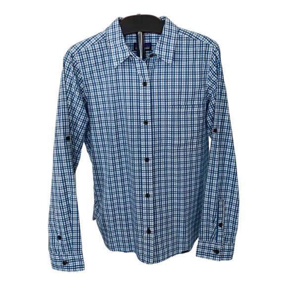 Patagonia Button Up Long Sleeve Shirt Blue Collared Plaid Roll Tab - Womens L - Picture 1 of 14